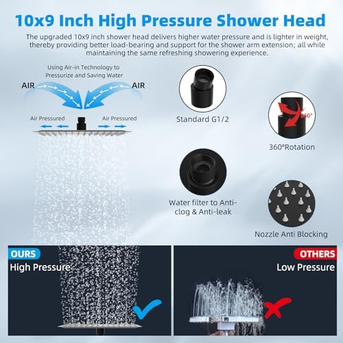 Hibbent All Metal Rain Shower Head, 10'' High Pressure Rainfall Showerhead with 16" Shower Head Extension Arm, Solid Brass Adjustable Shower Arm Extender, Waterfall fixed Showerheads, Matte Black