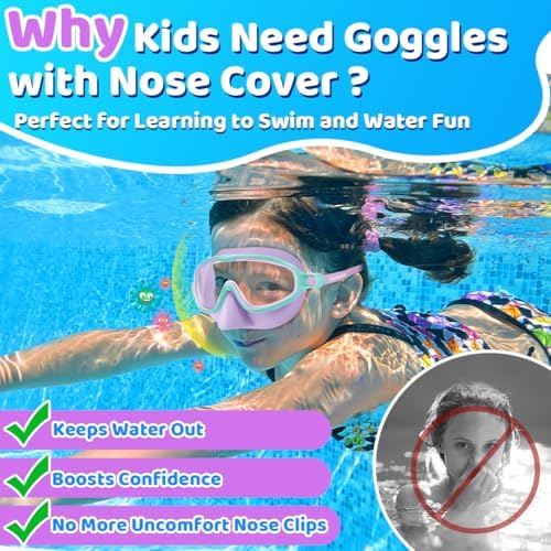 Vvinca Swim Goggles with Nose Cover, 2 Pack Wide View Diving Mask Anti-Fog UV No Leak Toddlers Swimming Goggles for Kids 3-15