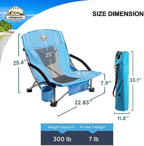 Low Back Camping Chair 2 Pack Support 300 LBS Carry Bag Included,Low Profile Folding Outdoor Chair,Camp Beach Chairs Set,with Phone Bag,Cooler Pocket,Cup Holder for Kids(2 Pcs Blue)