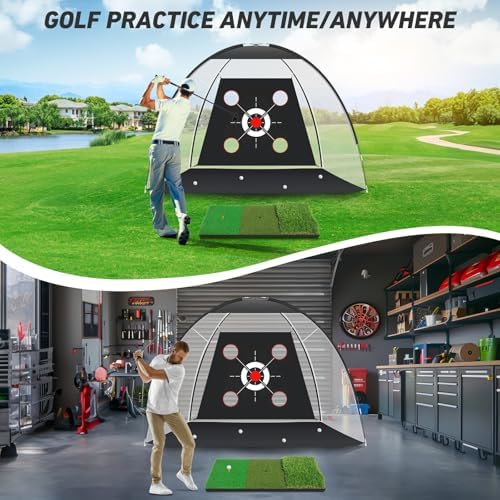 Golf Net with Practice Mat,Golf Hitting Aid Nets 10x7FT for Backyard Driving Chipping Training Swing with Target Mat Balls for Outdoor Indoor,Gifts for Men Dad Him and Golfer