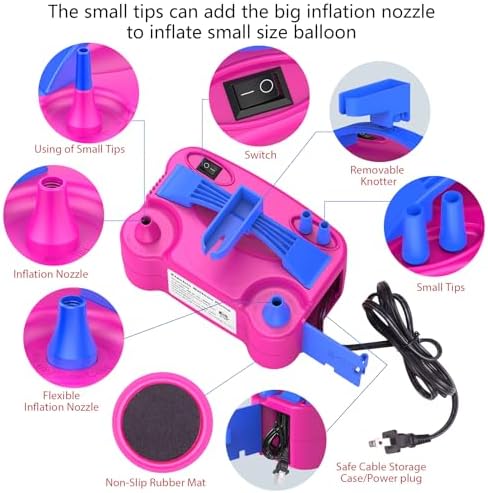 IDAODAN Electric Balloon Pump, Portable Electric Balloon Blower Machine Balloon Air Pump Dual Nozzle Rose Red 110V 600W Balloon Inflator for Party Decorations
