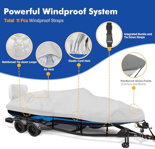 1200D Waterproof Boat Cover - Fits 16' to 18.5' ft Bass, V-Hull, Tri-Hull, Fish & Ski, Runabout Bowrider Boats - Heavy Duty Canvas Gray