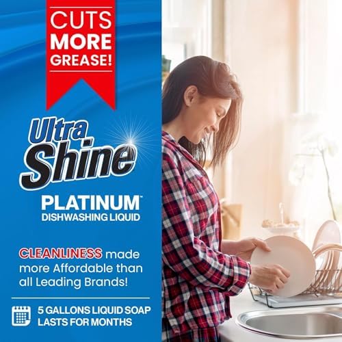 Ultra Shine 3X Platinum Bulk Dishwashing Liquid, Powerful Grease Remover, 5-Gallon - Concentrated Dish Cleaner Soap for Commercial Kitchens, Restaurants & Home Cleaning, Gentle on Hands & Skin
