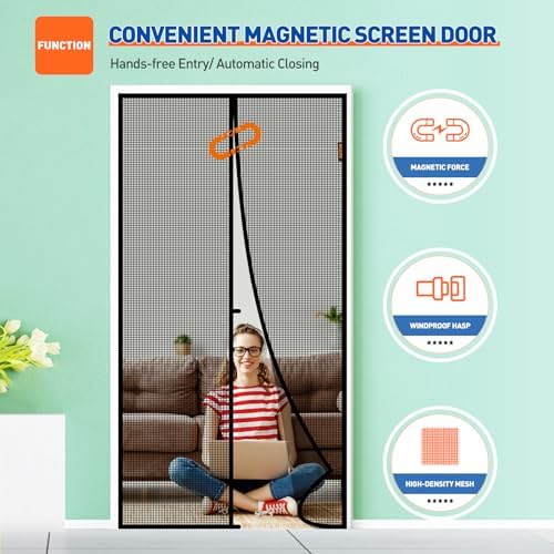 MAGZO Magnetic Screen Door Fit Door Size 34 x 82 Inch, Screen Size 36" x 83" Fiberglass Door Screen Net for Sliding Door Black