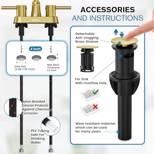 Gold Bthroom Faucet, Brushed Gold Bathroom Faucet, Gold Faucets for Bathroom Vanity, 4 Inch 2 Handle Centerset, Lead-Free, with Copper Pop Up Drain (Brushed Gold)