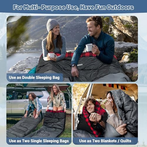 Cotton Flannel Double Sleeping Bag for Adults Machine Washable 2 Person Camping Sleeping Bag Queen Size Waterproof with Compression Sack for Cold Weather 3-4 Seasons