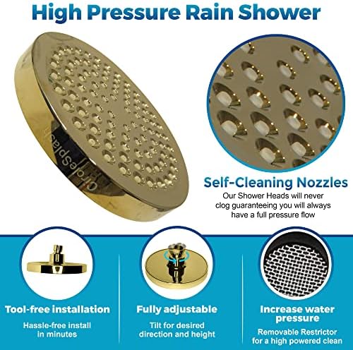 High Pressure Shower Head - Anti-Clogging Silicone Nozzles - 2.5 GPM Removable Restrictor - Easy to Clean Adjustable Replacement - easy to install with Plumbers Tape - 6 inch - Elegant Gold Finish
