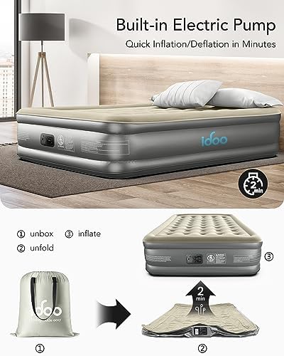 iDOO Luxury Air Mattress with Built in Pump, Queen Size Inflatable Mattress for Camping, Guests, 18" Raised Comfort Blow up Mattress, Portable & Waterproof Air Bed, Colchon Inflable