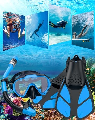Snorkeling Gear for Adults Men Women,4 in 1 Snorkel Set with Panoramic View Diving Mask Anti-Fog Anti-Leak,Dry Top Snorkel,Fins and Travel Bag for Swimming,Snorkeling and Travel Diving