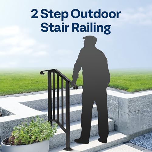 VIVOHOME 2-Pack Wrought Iron Hand Rails for Outdoor Steps β 13.5" Curved Ends and Safety Balusters Exterior Railing Kit for Porch, Deck, or Indoor Stairs (2-Step, Black)