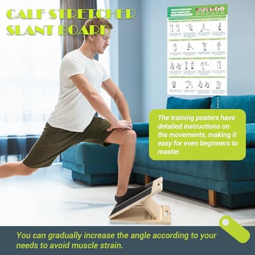 Slant Board for Calf Stretching, Adjustable Portable Wooden Incline Board for Calf Stretcher with Training Poster, 300 Lbs Weight Capacity Calf Stretch Wedge for Exercise, Squat & Physical Therapy