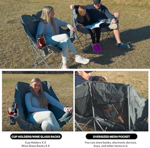 HITORHIKE Double Camping Chair Heavy Duty Oversized Folding Loveseat Camping Chair - Single/Double, All-Season Design with Cup Holder for Camping, Picnic, Beach