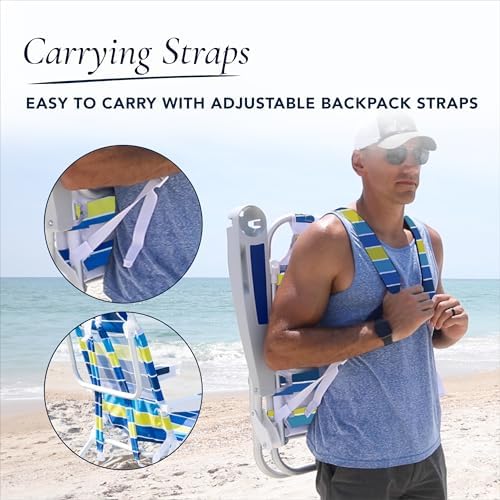 CARIBBEAN JOE Folding Beach Chair, 5 Position Portable Backpack Foldable Camping Chair with Headrest and Cup Holder Armrests, Bold Stripe