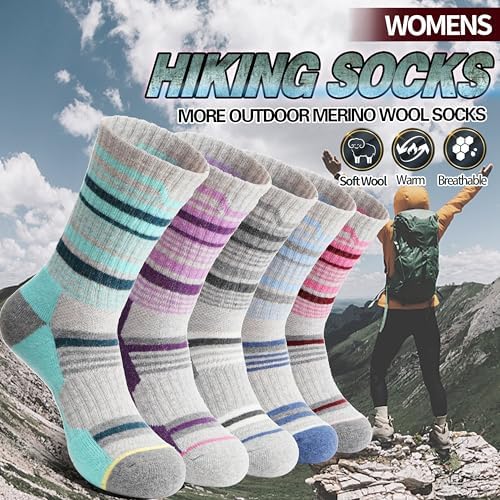 Anlisim Merino Wool Hiking Socks for Women Thermal Winter Warm Boot Work Cushion Socks 5 Pairs