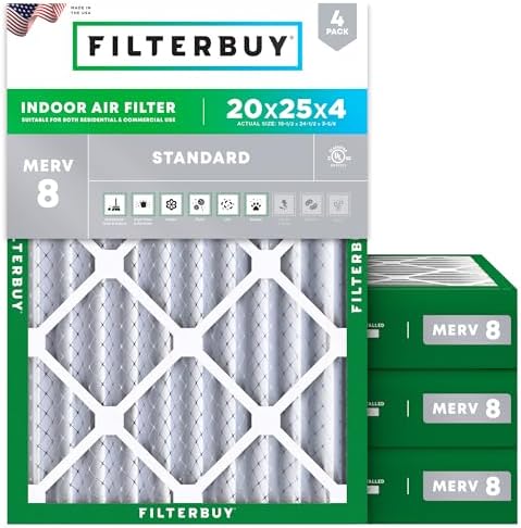 Filterbuy 20x25x4 Air Filter MERV 8 Dust Defense (4-Pack), Pleated HVAC AC Furnace Air Filters Replacement (Actual Size: 19.50 x 24.50 x 3.63 Inches)