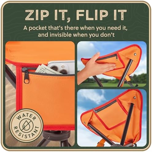Foldable Tripod Stool - Ultra Portable Seat for Tall People, 20” High - Hunting Chair & Hidden Zippered Pocket - 2 lb Camping Stool, 3 Legged Strong Steel Stool Holds up to 200 lb (Orange)