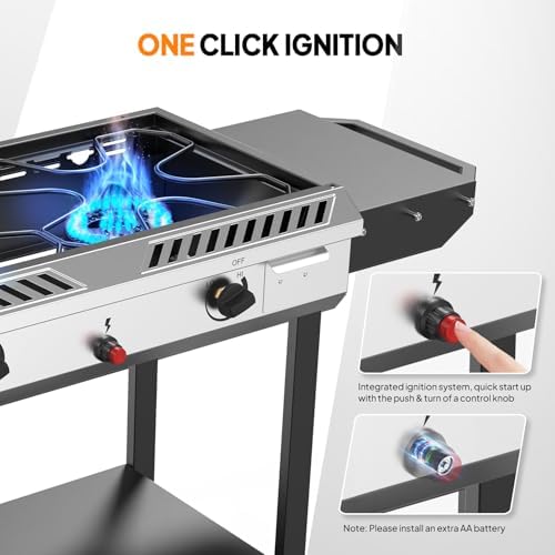 ROVSUN 2 Burner Outdoor Propane Gas Stove with Auto-ignition, Regulator & Shelf, 150,000 BTU Powerful Stand Cooker for Backyard Patio Cooking Home Brewing Canning Turkey Frying