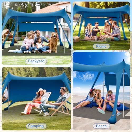 Beach Tent Sun Shelter & Portable Beach Canopy UPF80+ Uv Protection, Beach Shade Canopy/Cabana with 8 Sandbags, 4 Stability Poles, Sand Shovel Ground Pegs for Outdoor Camping(10x10ft, Navy Blue)