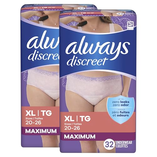 Always Discreet Adult Incontinence Underwear for Women and Postpartum Underwear, Extra Large, Up to 100% Bladder Leak Protection, 64 Count (2 Packs of 32)