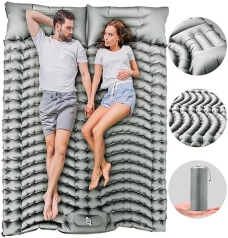 Double Sleeping Pad Self-Inflating 4" Thick for 2 Person Camping - Built-in Foot Pump, Ergonomic Pillow & Ultra-Portable Design for Backpacking, Hiking, Tent Use