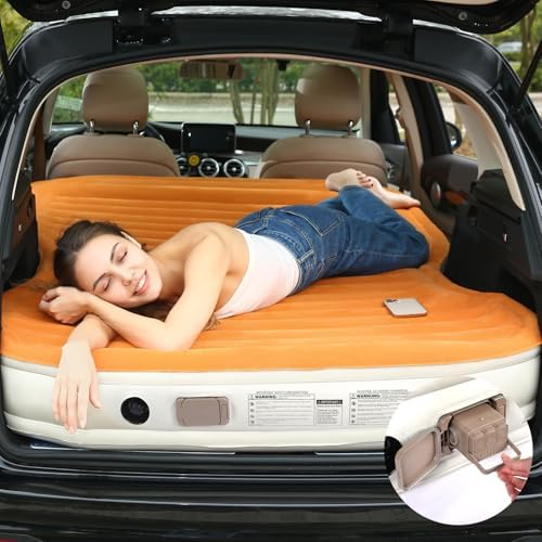 KMZ SUV Air Mattress with Built-in Pump & 2 Pillows, Thickened Flocked PVC, Quick 90-Seconds Inflation Air Bed, Portable & Durable Car Air Bed for Camping, Travel, Truck