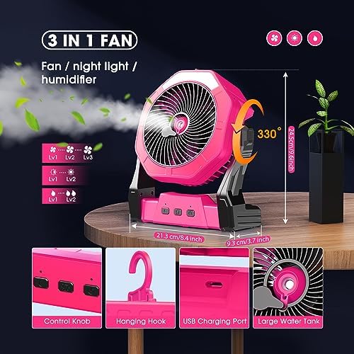 Ausic Portable Misting Fans for Outside, Outdoor Camping Fan with Water Spray 250ml, 8 Inch Batery Operated Rechargeable Fan, Cooling Fans with LED for Patios, Beach, Tents, Travel Summer Essential
