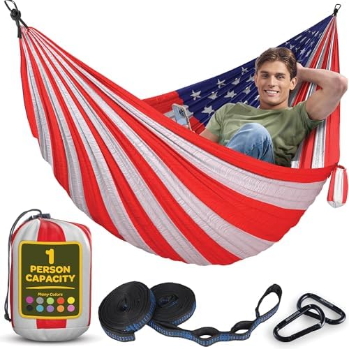 Durable Hammock 400 lb Capacity, Nylon Camping Hammock Chair - Double or Single Sizes w/Tree Straps and Attached Carry Bag - Portable for Travel/Backpacking/Beach/Backyard (Medium, American Flag)