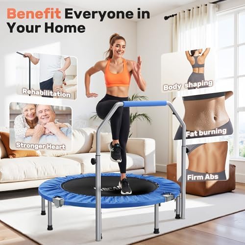 BCAN 40/48" Foldable Mini Trampoline Max Load 330lbs/440lbs, Fitness Rebounder with Adjustable Foam Handle, Exercise Trampoline for Adults Indoor/Garden Workout