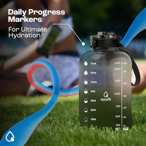 AQUAFIT 64 oz Water Bottle with Time Marker - Straw & Chug Lid - BPA Free Big Water Bottle with Straw - Gym Water Bottle with Handle - Gallon Water Jug (64 Ounces, Midnight Gray)