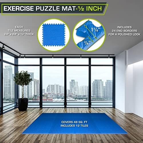 ProsourceFit Puzzle Exercise Mat ½ in, EVA Interlocking Foam Floor Tiles for Home Gym, Mat for Home Workout Equipment, Floor Padding for Kids, Black, 24 in x 24 in x ½ in, 48 Sq Ft - 12 Tiles