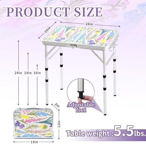 Folding Camping Table 2ft Portable Pinic Table Adjustable Height Small Card Table Aluminum Foldable Lightweight with Carry Handle for Outdoor Indoor Hiking Camp BBQ Beach (Blooming Floral)