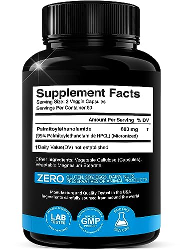 Palmitoylethanolamide Pea Supplement 600 mg | Micronized Pea 99% Highly Purified and Bioavailable | Made in USA | Supplement for Men and Women - 120 Capsules