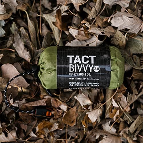 Survival Frog Tact Bivvy 2.0 Emergency Sleeping Bag w/Stuff Sack, Carabiner, Survival Whistle, ParaTinder - Compact, Lightweight, Waterproof, Reusable, Thermal Bivy Sack Cover, Shelter Kit