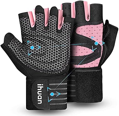 ihuan Ventilated Weight Lifting Gym Workout Gloves with Wrist Wrap Support for Men & Women, Full Palm Protection, for Weightlifting, Training, Fitness, Hanging, Pull ups