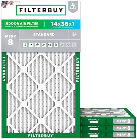 Filterbuy 14x36x1 Air Filter MERV 8 Dust Defense (4-Pack), Pleated HVAC AC Furnace Air Filters Replacement (Actual Size: 13.50 x 35.50 x 0.75 Inches)