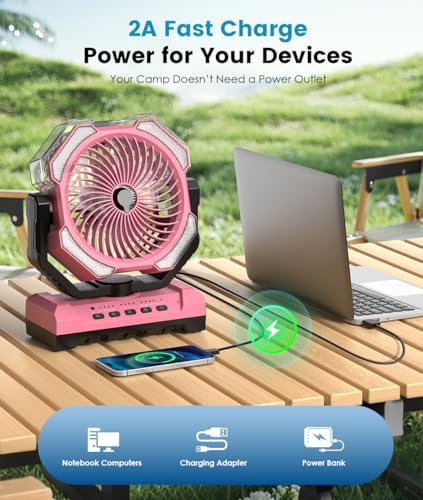 Misting Fan - Pink Portable Rechargeable Fan with 9oz Water Tank, Light, Hook - Versatile, 120H MAX Cooling, Last 5H Mist, 4 Speed, Sleep Mode - Outdoor Fans for Camping, Travel, Patios