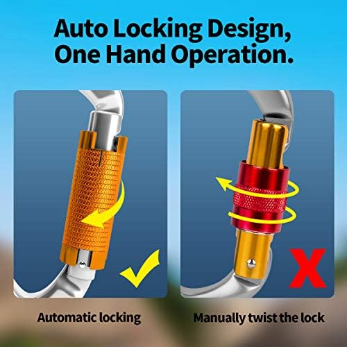 FVW Auto Locking Rock Climbing Carabiner Clips,Professional 25KN (5620 lbs) Heavy Duty Caribeaners for Rappelling Swing Rescue & Gym etc, Large D-Shaped Carabiners