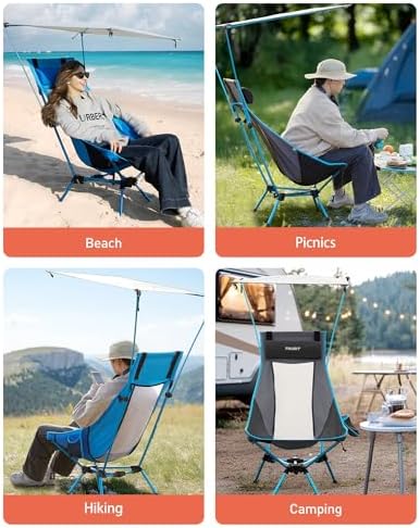 TOURIT Folding Beach Chair with Sunshade, Portable Camping Backpack Chair with Head Support, Low Profile, Lightweight High Back Design for Adults, UPF 50+ Sun Protection, Supports 380 lbs, Black