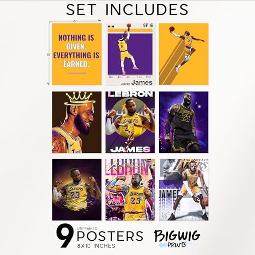 BigWig Prints LeBron James Poster Set - LeBron Posters for Walls, Lakers Bedroom Wall Decor, Basketball Room Decor for Boys, Gifts for Lakers Fan, Basketball Artwork - Unframed Set Of 9 (8x10”)