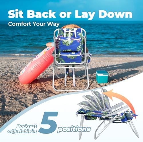 Tall Beach Chairs for Adults – 5-Position Reclining Backpack Chair with Large Insulated Cooler & Storage Pocket, Aluminum Frame, Portable for Travel & Outdoor, Supports 300lbs, Tropical Palm