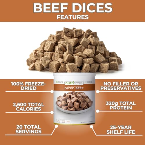 Nutristore Freeze Dried Beef Dices | Pre-Cooked Meat for Backpacking, Camping, Meal Prep | Long Term Survival Emergency Food Supply | 25 Year Shelf Life | Bulk #10 Can | Made in USA | 20 Servings