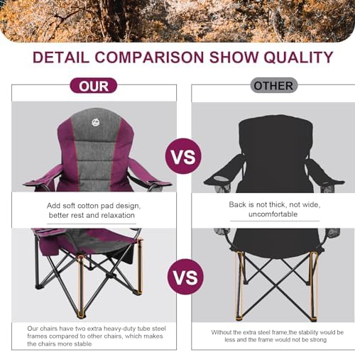 Oversized Portable Camping Chair, Full Padded Outdoor Folding Chair Support 350 LBS, Heavy Duty Lawn Chair with Cup Holder, Cooler Bag, Lumbar Support, Head Pocket for Adult (Purple)