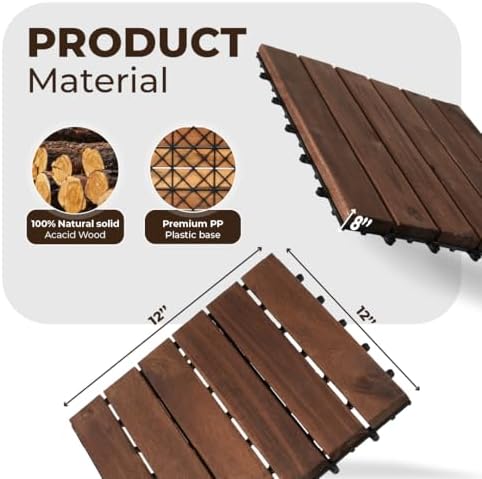 Pack of 10 Deck Tiles - 12"x12" Interlocking Natural Solid Acacia Wood for Outdoor & Indoor, Patio Garden, Balcony, Poolside - Brown Color