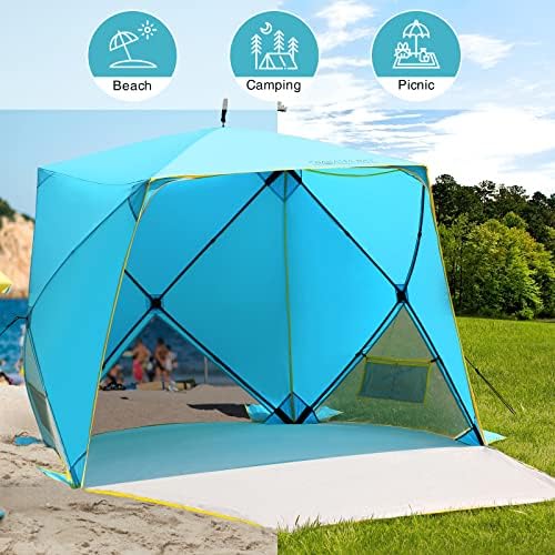 Pop Up Beach Tent, Portable Shade Sun Shelter UPF50+ UV Protection for 4 Person Extendable Floor for Fishing Hiking Camping, Waterproof Windproof(Blue)