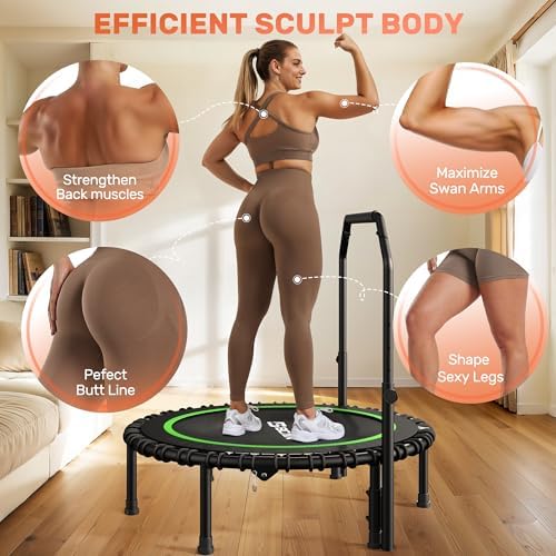 BCAN 450/550 LBS Foldable Mini Trampoline, 40"/48" Adult Fitness Trampoline with Bungees, U Shape Adjustable Foam Handle, Stable & Quiet Exercise Rebounder,Indoor/Outdoor Workout