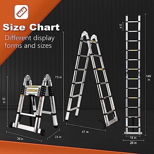 Telescoping Ladder A Frame, 12.5 Ft Compact Aluminum Extension Ladder, Portable Telescopic RV Ladder for Outdoor Camper Trips Motorhome with Tool Platform and Stabilizer Bar, 330 lb Capacity