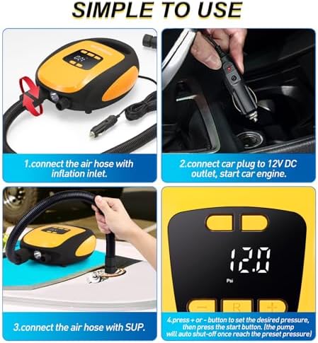 Paddle Board Pump Electric Portable, SUP Pump for Paddleboard, 20PSI Air Compressor with Auto-Off, Deflation Function and 12V DC Car Connector for Inflatables, Kayaks and Boats