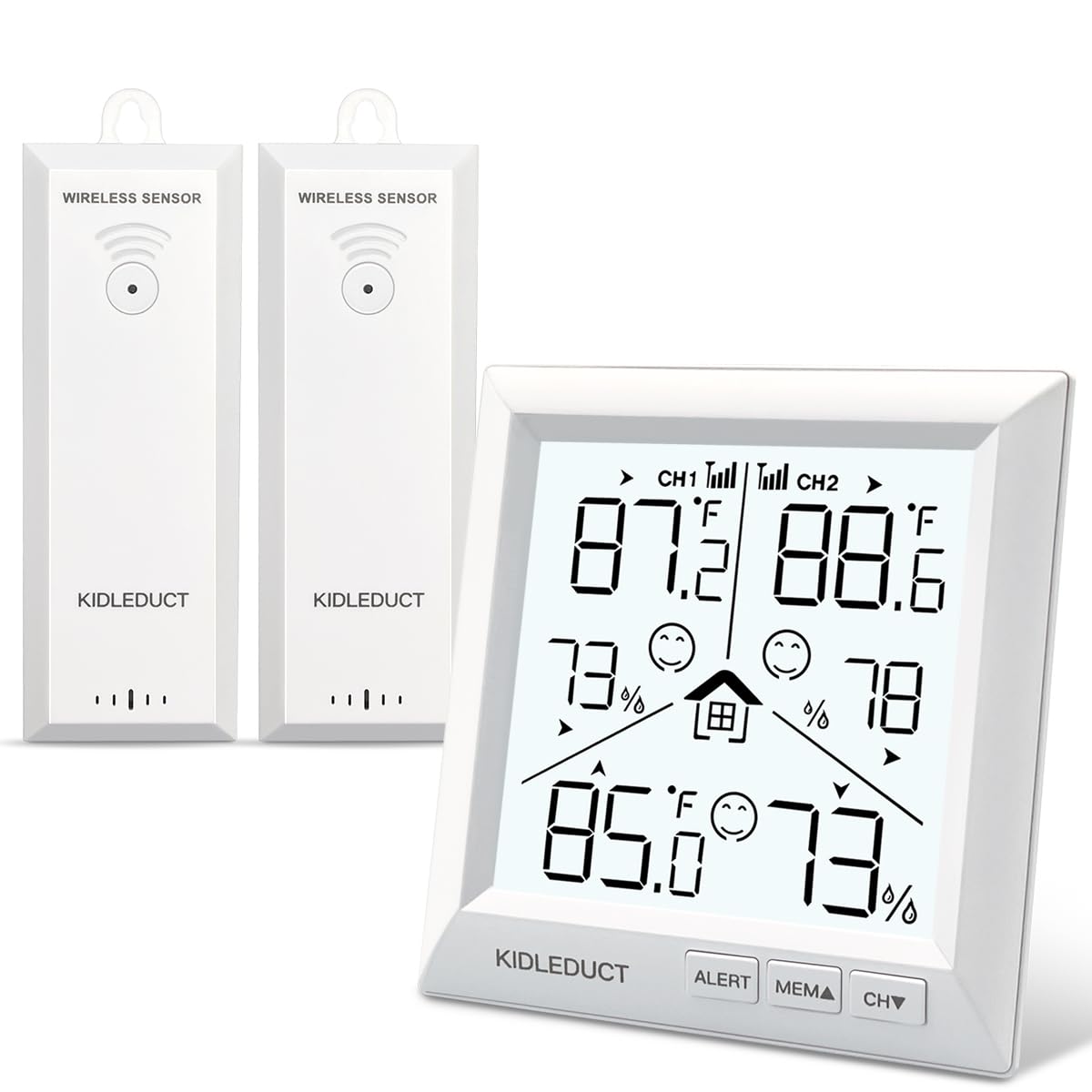 KIDLEDUCT Indoor Outdoor Thermometer Wireless Battery Powered, High Precision Inside Outside Humidity Temperature with Alert, Backlight Weather Thermometers with 2 Sensors, 330ft Wireless, White