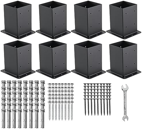 4x4 Post Base 8 Pcs, (Inner Size 3.6x3.6) Post Anchors, 13GA Thick Solid Steel & Black Powder Coated,Deck Post Brackets Support Deck Base Plate Pergola Brackets Fence Kit Mailbox Mount…