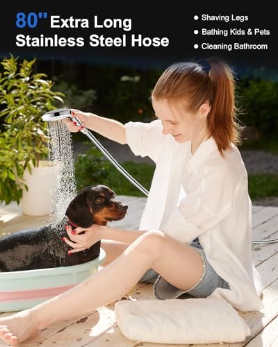 Shower Head with Handheld, High Pressure Handheld Shower Head with 80" Extra Long Stainless Steel Hose & Adjustable Bracket, Showerhead with ON/OFF Switch for Pets Bath